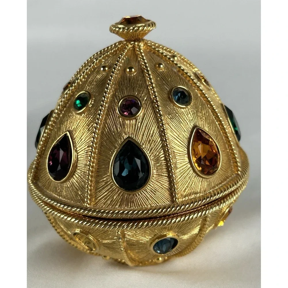 Vintage Napier Gold Toned Bejeweled Egg Shaped Trinket Box Missing Jewel Rare